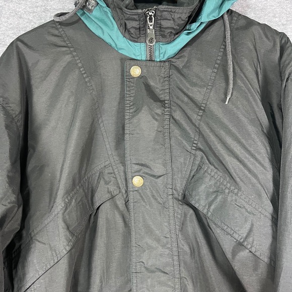 Vintage Mens Large Black Green Fleece Lined Hooded Bomber Jacket Pacific Trail - Picture 2 of 8